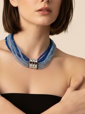 Vintage Two Tone Blue Crystal Necklace with a Purple and Rhinestone Clasp